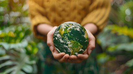 Wall Mural - Green earth planet held by woman's hands, promoting sustainable ecology and environmental-friendly concept for World Environment Day.