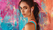 A young sporty woman with earphones listening to music in a gym setting, set against a vibrant backdrop background