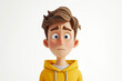 Sad stressed upset cartoon character young man male boy person wearing yellow hoodie in 3d style design on light background. Human people feelings expression concept