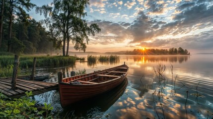 Wall Mural - Wooden boat on the lake at sunrise with fog in the background