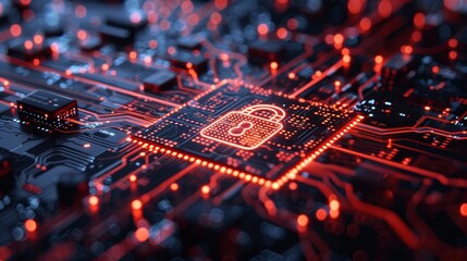 Poster -   showcasing the integration of circuit board padlock with binary code and cybersecurity technology for enhanced data privacy and network security.