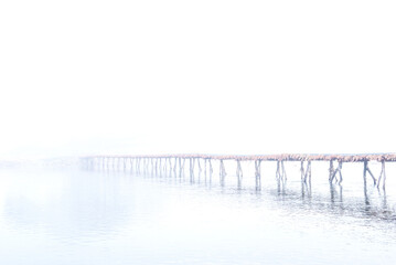 Wall Mural - Spring morning bridge landscape. Fogy and misty rises from the river.