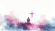 A man kneeling in prayer, with the cross of Jesus behind him, on an empty white background, surrounded by clouds