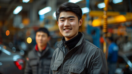 portrait of a technician young man in a car factory