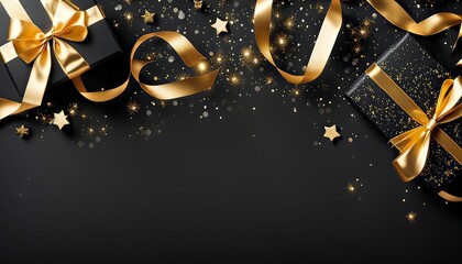 Wall Mural - Black gift box with gold ribbon and confetti on black background. AI generated