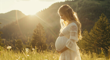 Poster - A beautiful pregnant woman standing in the sun, with her long hair flowing down and wearing an elegant white dress