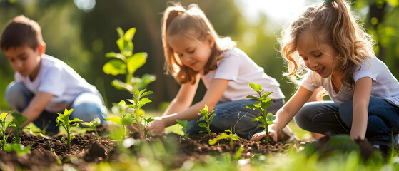 Wall Mural - Children planting trees in community park on a sunny day