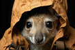 A brown kangaroo joey in a backpack, peeking out with curiosity on a brown background.
