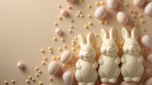 Experience Magic Of Easter With This Charming Setup. Top View Of Easter Decor, Delightful Ceramic Bunnies, Sprinkles On Pastel Beige Background. Customize With Your Own Text Or Promotional Content.
