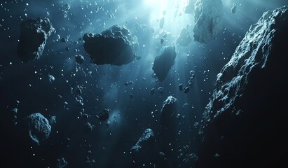 Wall Mural - asteroids illuminated by rays of light. the concept of deep space and uncharted worlds.