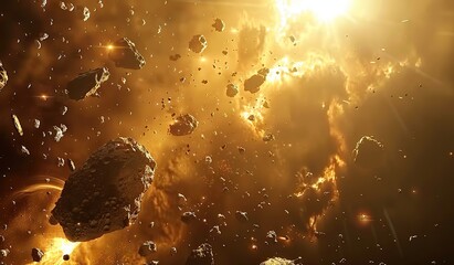Wall Mural - golden asteroids in space. the concept of astronomy and space exploration.