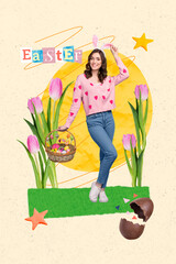 Poster - Creative abstract template collage of cute girl bunny ears collect eggs basket easter concept billboard comics zine minimal