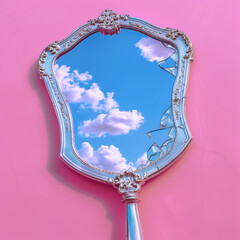 Wall Mural - Vintage hand mirror reflecting the sky on a pink background. Whimsical and surreal still life. Dreamlike and artistic concept.