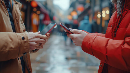 Wall Mural - Close up change data between two smartphones in hands, illustrating modern wireless communication. Closeup, change, data, smartphones, hands. AI generative.