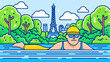 A man is swimming in a pool with a city in the background. The man is wearing a yellow swimsuit and a yellow cap