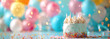 Birthday cake on the blue blurred background with colourful balloons. Banner, wallpaper and gifting card concept.