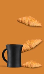 Wall Mural - Levitating food. fresh croissants and coffee cup