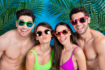 Sticker - Photo of carefree girls guys have fun on summer resort isolated blue color background