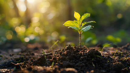 Wall Mural - Small tree growing with sunshine in garden, eco concept.