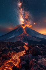 Wall Mural - active erupting volcano against background of starry night sky with Milky way