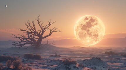 The moon rises over the barren desert, its eerie light serves as a haunting symbol of the environmental changes wrought by global warming, captured vividly in this 3D render