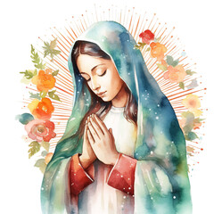 A Watercolor Our Lady Clipart is praying, Isolated on transparent PNG background, Generative ai