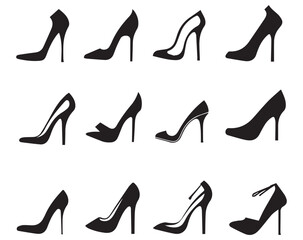 Wall Mural - Set of black high heel shoes silhouettes isolated on white background.