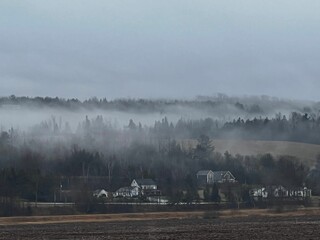 Wall Mural - a foggy valley with several farm fields in the background