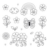 Fototapeta Dinusie - set of isolated outline cute rainbow, flower, butterfly