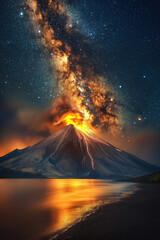 Wall Mural - landscape with active erupting volcano on ocean coast against background of starry night sky with mi