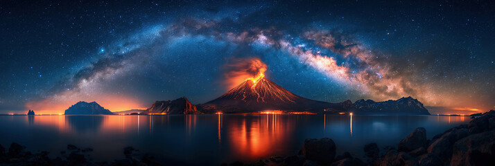 Wall Mural - landscape panorama with active erupting volcano on island in ocean against background of night starr