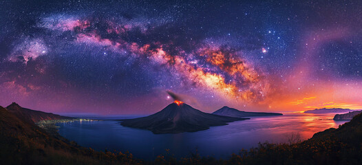 Wall Mural - night landscape panorama with active erupting volcano on island in ocean against the background of starry sky with Milky Way