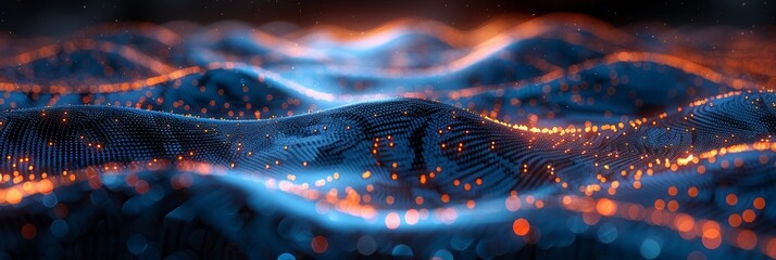 Poster - An abstract structure of dots and waves defines futuristic information technology.