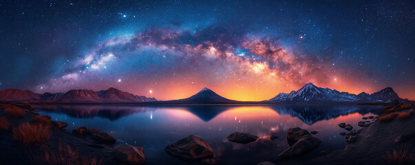 Wall Mural - panorama landscape with colorful milky way in starry night sky above peak of mountain and ocean wate