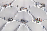 Fototapeta Paryż - Business people working together for global company. Abstract environment with stairs and multiple floor levels showing departments and branches. 3D rendering illustration