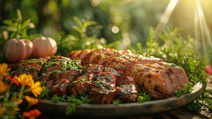 Wall Mural - A plate of meat and vegetables is on a table