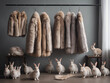 beautiful natural fur coats on hangers and rabbits nearby