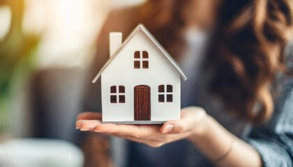 hand holding white model house, symbolizing home ownership, investment, security. Clean indoor background