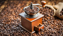 Close-up Of An Old Manual Coffee Grinder Made Of Metal And Wood With Roasted Coffee Beans On Background. Horizontal Composition. Generative Ai.