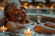 Relaxed senior couple in love enjoying spa center and pools while drinking