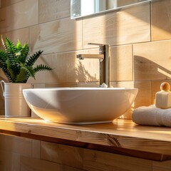 Modern wood vanity with ceramic basin and sleek faucet basks in warm morning glow, enhancing bathroom's minimalist style.