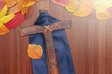 Sticker - Wooden christian Cross with autumn leaf