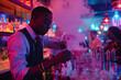 handsome african bartender making cocktail in night club