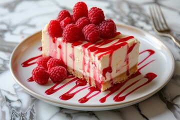 Wall Mural - a luscious strawberry cheesecake drizzled with decadent raspberry sauce 