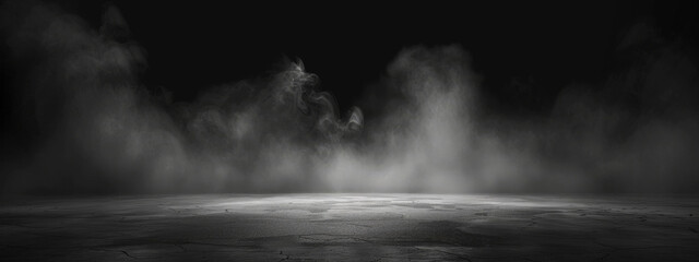 Wall Mural - A black and white photo of a large, empty field with a lot of smoke in the air