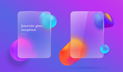 Aufkleber - 3d blurry glass morphism neon colorful transparent geometric floating set vector graphic illustration, mate rectangle plastic screen purple magenta element realistic modern text frame design window