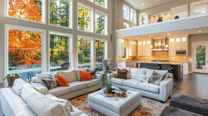 Beautiful living room interior in new luxury home with open concept floor plan. 