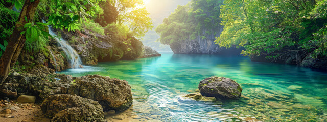 Canvas Print - A beautiful, serene scene of a river with a waterfall