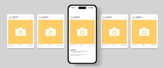 Poster - Social media carousel post template mockup. Mobile app interface with blank pictures, editable posts. Scroll frame pages, social media photography.