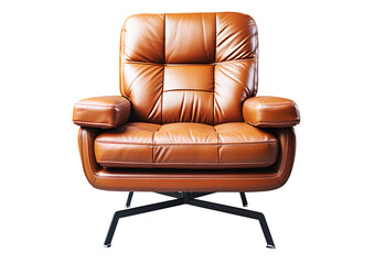 Front of office leather chair or sofa small brown isolated on cut out PNG or transparent background. Decorated place in living room or drawing room. Modern interior decoration meeting room.	
